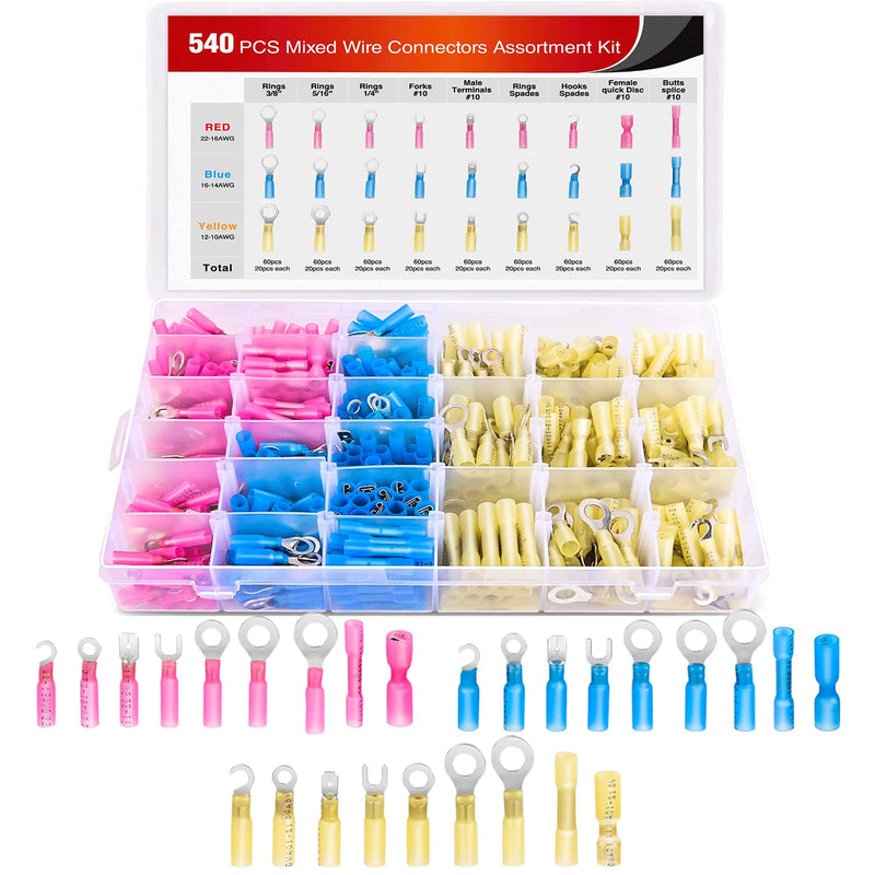 Nilight 540 PCS Heat Shrink Wire Connectors Waterproof Automotive Marine Electrical Terminals Kit Ring Fork Hook Spade Butt Splices 540Pcs Mixed Heat Shrink Terminals