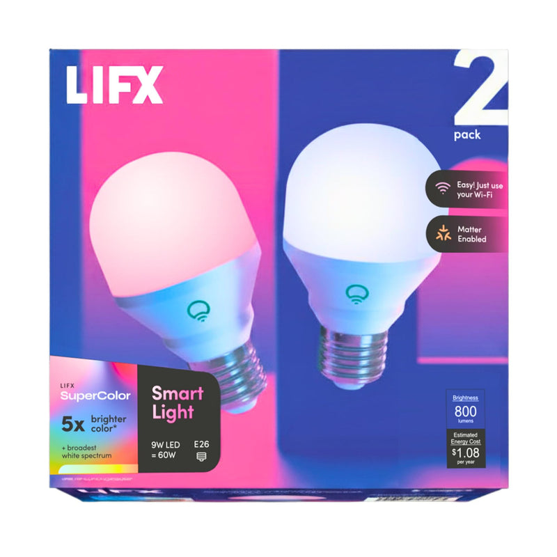 LIFX Color Smart Light Bulbs (2-Pack) A19 E26, Matter Compatible RGB + Tunable White (800 Lumens), WiFi Dimmable Color Changing (2.4GHz), Compatible with Apple HomeKit, Alexa & Google 2 Count (Pack of 1) 60W Equivalent