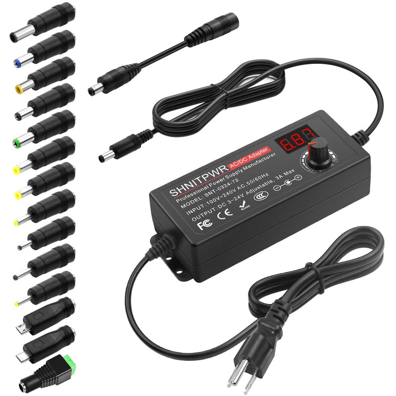 SHNITPWR 3V ~ 24V 3A 72W Power Supply Adjustable DC 3V 5V 6V 9V 12V 15V 16V 18V 19V 20V 24V Variable Universal AC/DC Adapter 100V-240V AC to DC Converter with 14 Tips 5.5x2.5mm 4.0x1.7mm 3.5x1.35mm Black