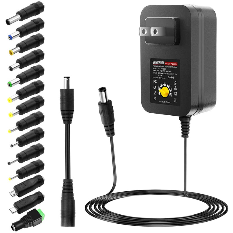 SHNITPWR 30W Universal Power Supply 3V 4.5V 5V 6V 7.5V 9V 12V Adjustable Variable AC/DC Adapter with 5V 2.1A USB Port, 100V-240V AC to DC 3V~12V Converter 0.5A 1A 1.2A 1.5A 2A 2.5A Max with 14 Tips 3V~12V-30W