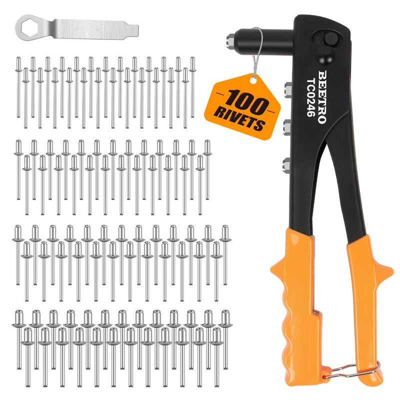 BEETRO Heavy Duty Hand Riveter, Rivet Gun, 3/32"-1/8"-5/32"-3/16", 4 Nosepieces Set Includes 100pcs Rivets, Durable and Suitable for Metal, Plastic and Leather 10.5'' Rivet Gun