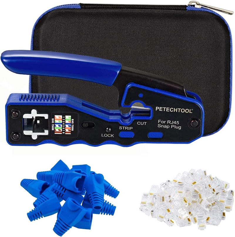 RJ45 Crimp Tool for Cat5e Cat6 Cat6a Pass Thrugh Connectors with 20 pieces Cat6 Connectors and 20 Pieces Boots RJ45 Crimper Kit