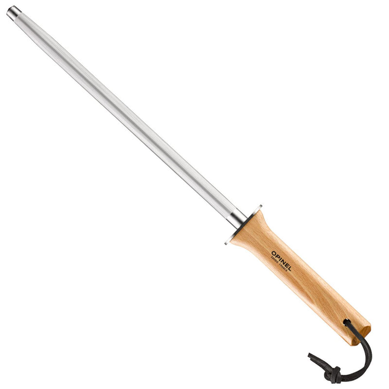Opinel 10 Inch Honing Steel Sharpening Rod, Knife Sharpener for Kitchen Knives and Tools, Beech Wood Handle, Leather Lanyard