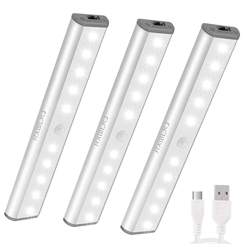 Stick-on Anywhere Portable Little Light Wireless LED Under Cabinet Lights 10-LED Motion Sensor Activated Night Light Build In Rechargeable Battery Magnetic Tap Lights for Closet, Cabinet (3PACK) White Light-Silver 7.5-10LED-3PACK