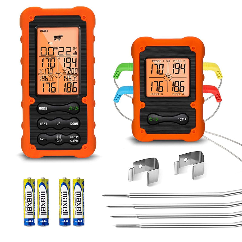 Grill Smoker BBQ Cooking Food Thermometer Oven Safe - Digital Wireless Meat Thermometer for Grilling Smoking with 4 Probes - Kitchen Baking Steak Turkey Candy Thermometers, not for Medical Purposes Orange