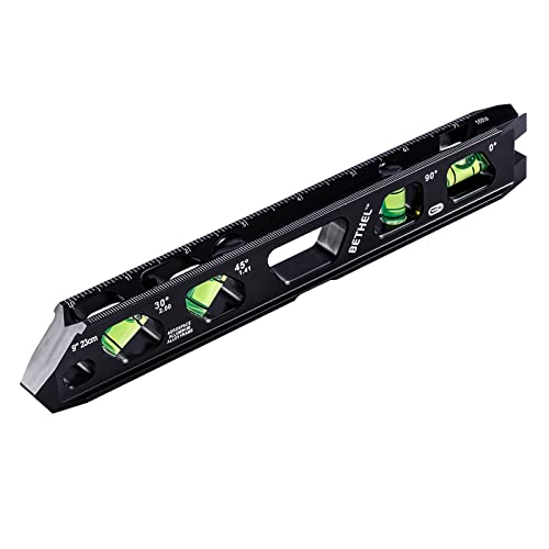 BETHEL Torpedo Level, Magnetic Conduit Level with 4 Vials, V-Groove and Magnet Track,Aluminum Alloy Construction, High Viz Black (9 inch) Black-9 Inch
