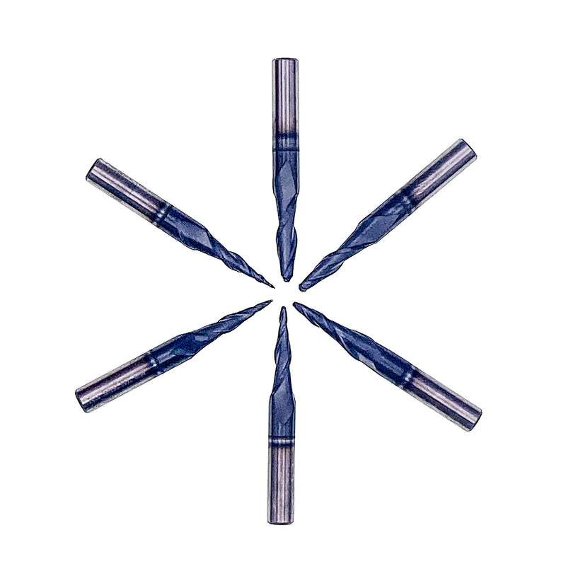 Foos - Tapered Angle Ball Tip Set - 1/4 Shank -Solid Carbide - TiAIN Coated Router Bits (6 Piece Set 2.0mm - .25mm) 6 Piece Set 2.0mm - .25mm