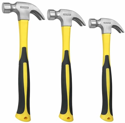 3 Piece Claw Hammer Set (20 oz, 16 oz, 8 oz) – Fiberglass Handle, Anti-Slip Grip, Polished Steel Head – Framing, Carpentry & Home Improvement Tools 3 8 oz, 16 oz, 20 oz
