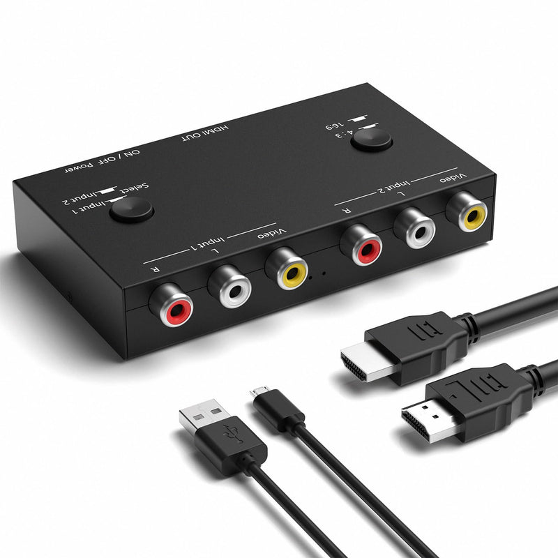 2 RCA to HDMI, 1080P 2 Way RCA Composite CVBS AV Switch to HDMI Video Audio Converter Adapter Supporting 4:3/16:9, for PC Laptop Xbox PS2 PS3 N64 NGC SNES WII VHS VCR Camera DVD 2 Way RCA Converter