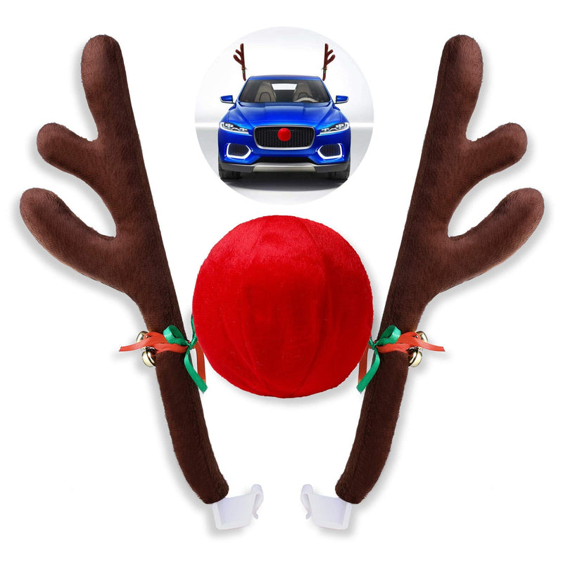 Christmas Car Decorations - Reindeer Antler Kit with Jingle Bells and Red Nose - Vehicle Accessories for Xmas Antlers