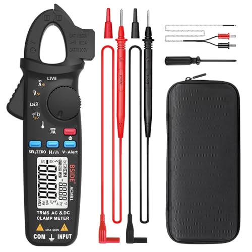 BSIDE DC Clamp Meter 1mA Current True RMS Auto-Ranging 6000 Counts Digital Multimeter Hz Temp Cap Ohm Live Check V-Alert Low Impedance Voltage Tester with Back Clip Black