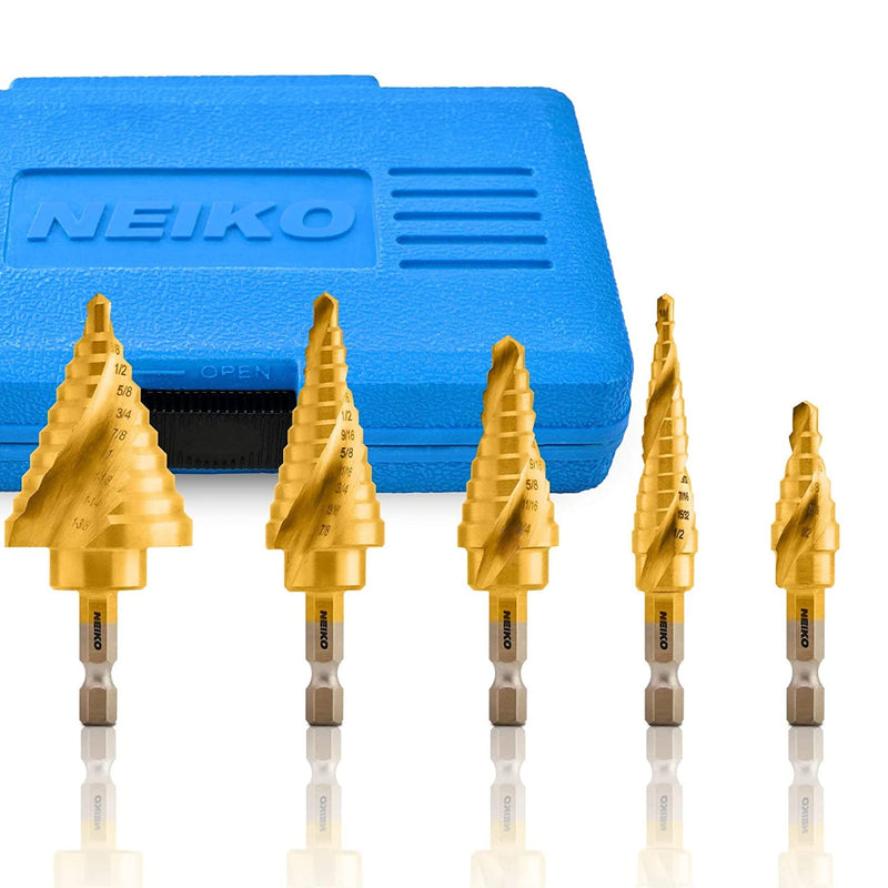 NEIKO 10173A Step Drill Bit Set for Metal and Wood, 5 Piece SAE, Spiral Grooved for Faster Drilling, Step Bits with 50 Total Step Sizes, Titanium Coated Unibits 5pc (1/8 to 1-3/8" 50S) Quick-Change Hex HSS