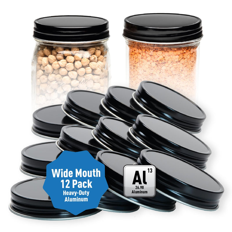 AllSpice Rust-Proof Wide Mouth Aluminum Metal Mason Jar Lids Leak-Proof 12-Pack (Black) Black