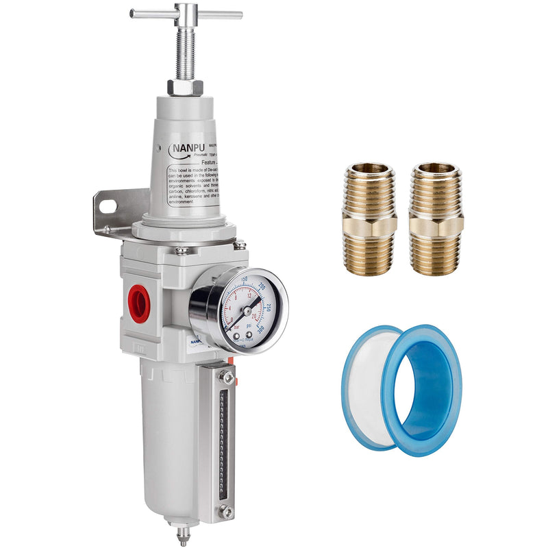 NANPU 3/8" NPT High Pressure Air Filter/Regulator Combo, T-Handle, Semi-Auto Drain, 0-300 Gauge, Metal Bowl (3/8" NPT)