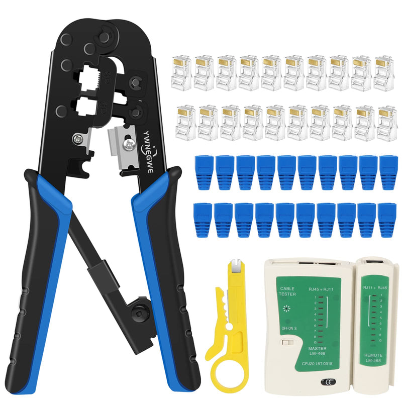 RJ45 Crimping Tool Kit Ethernet Crimp Set, RJ-11, 6P/RJ-12, 8P/RJ-45 Crimp, Cut and Strip with 20PCS CAT5 CAT5e Connectors, Covers,1 Network Cable Tester 1 Wire Stripper JN-1