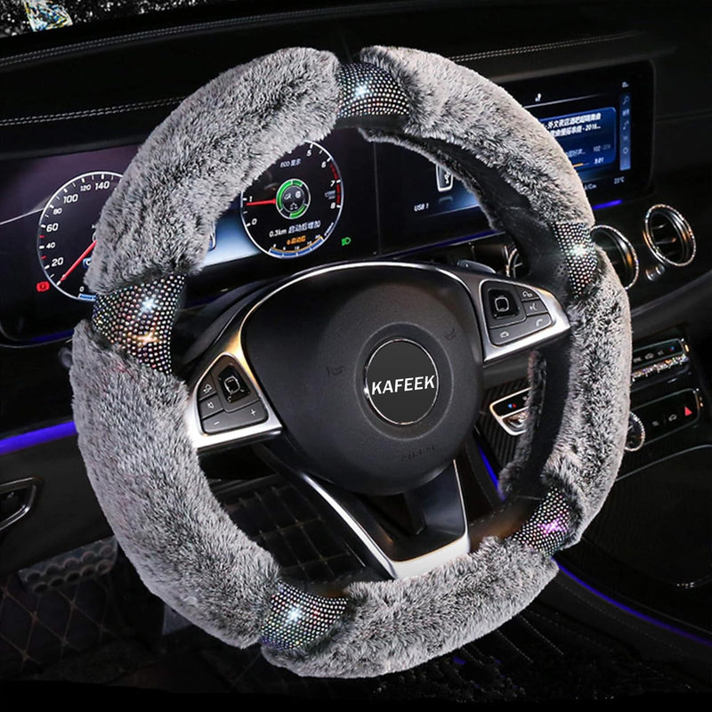 KAFEEK Diamond Fluffy Microfiber Plush Steering Wheel Cover with Bling Bling Crystal Rhinestones for Winter Warm, Universal 15 inch Fuzzy Steering Wheel Cover,Gray gray