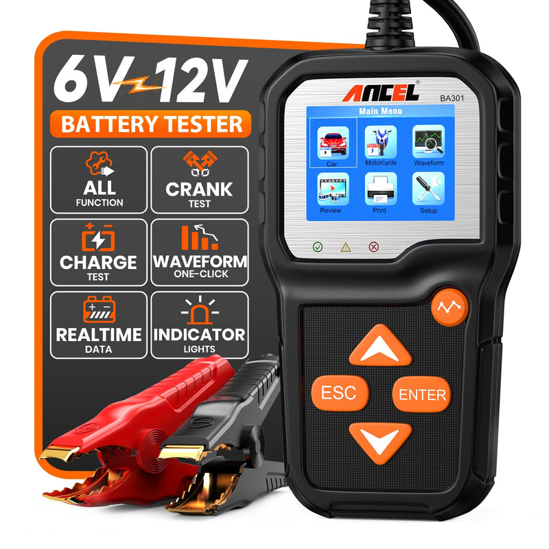  [AUSTRALIA] - ANCEL BA301 6V 12V Car Battery Tester, 100-2000 CCA Automotive Load Tester Alternator Tester Auto Digital Battery Analyzer Cranking and Charging System Test Tool for Motorcycle Car Boat Truck SUV ATV