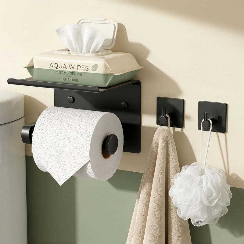 Tindbea Toilet Paper Holder Wall Mount + Towel Robe Hooks, Adhesive or Screw Wall Mounted Toilet Paper Roll Holder with Shelf, Stainless Steel Bathroom Organizers and Storage Kit (Matte Black) Regular Matte Black