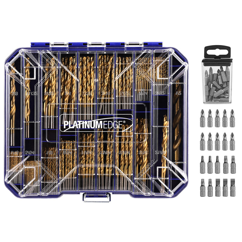 276pc Titanium Twist Drill Bit Set with S2 Bits 135° Tip High Speed Steel, Size from 1/16" up to 1/2", Ideal in Wood Cast Iron Aluminum Alloy Plastic Fiberglass, Clear Lid Case SAE 276 Pieces Drill Bit Set 135°