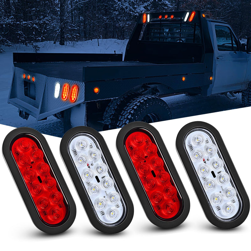 Nilight 4PCS 6" Oval LED Trailer Tail Lights 4PCS 10 LED w/Flush Mount Grommets Plugs Reverse/Back Up Trailer Lights for RV Truck Jeep Red/White 4Pcs