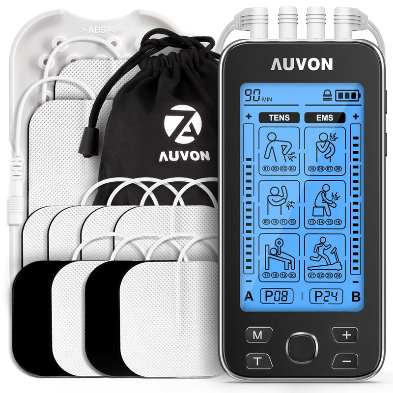 AUVON 4 Outputs TENS Unit EMS Muscle Stimulator Machine for Pain Relief Therapy with 24 Modes Electric Pulse Massager, 2" and 2"x4" Electrodes Pads, Black A Black