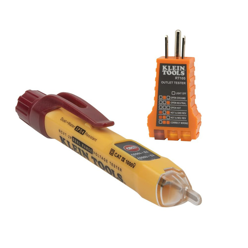 Klein Tools NCVT2PKIT Non-Contact Voltage Tester with Outlet Tester, 12-48V AC or 48 - 1000V AC Dual Range for Broad Application Volt Tester w/ Receptacle Tester