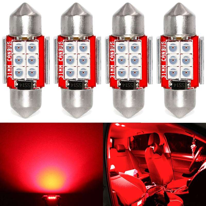 PHINLION Super Bright DE3021 LED Red Bulb 3030 6-SMD Festoon 1.25" 31mm DE3175 DE3022 Miniature LED Bulbs for Car Interior Door Map Dome Trunk Courtesy Light, Pack of 4