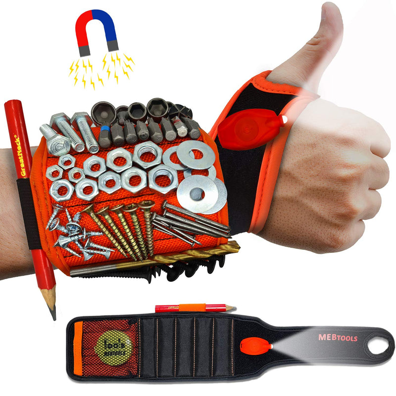 2 Magnetic Wristbands with Flashlight and Tape Measure – Screw, Drill Bit, and Nail Holder with 20 Strong Magnet Pieces Increases Convenience for DIY, Carpenters, Mechanics, and More by MEBTOOLS Adjustable Orange+black