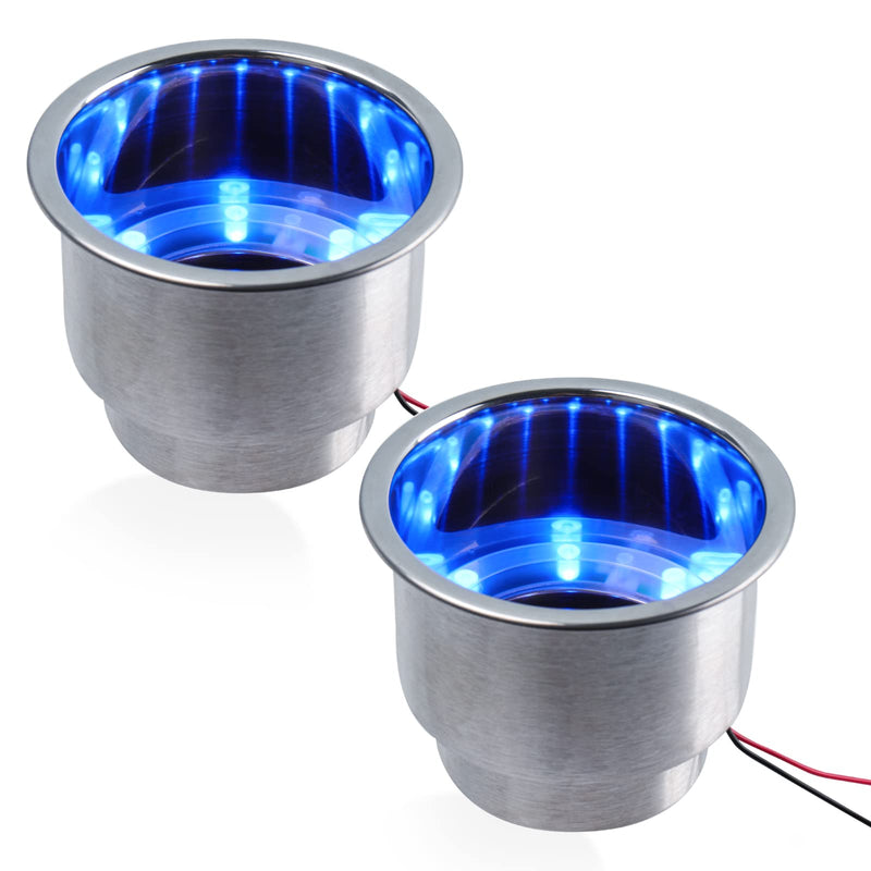 2PCS Boat Cup Holder, Stainless Steel Boat Cup Holder Insert, Blue Led Cup Holder Lights for Boat with Drain, 12V Waterproof Polished Drink Holder, Yeti Cup Holder for Marine, Boat, RV, Camper Blue*2