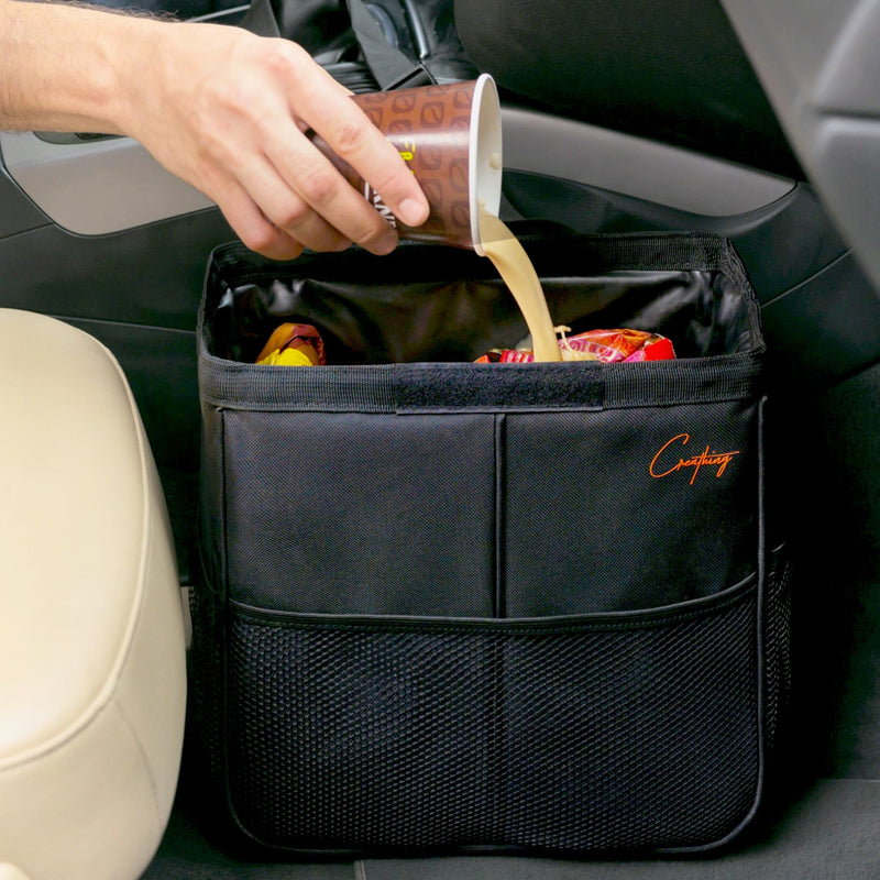 Creathing Leakproof Car Trash Can [3 Gal] Slim Design Garbage Bin– Universal Fit in Cars, Trucks, SUVs, for Floor, Console or Seat Hanging (Black) 3 Gallons Black