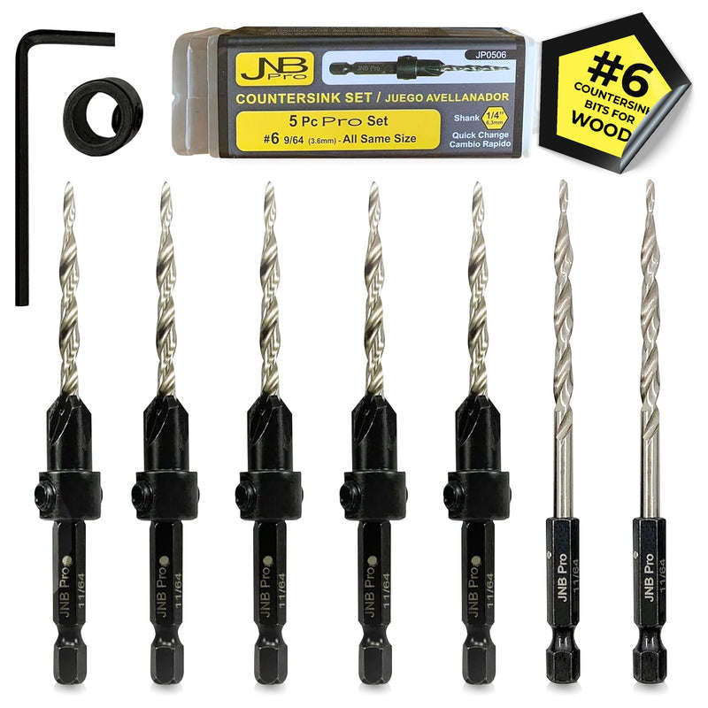 Countersink Drill Bit Set – 5pc Self-Centering Woodworking Bits with 4 Flutes, M2 HSS Material, 1/4" Hex Change, Depth Collar, Includes 2 Free Tapered Bits for Precision Drilling – #6 (9/64") 5 Pc #6(9/64")
