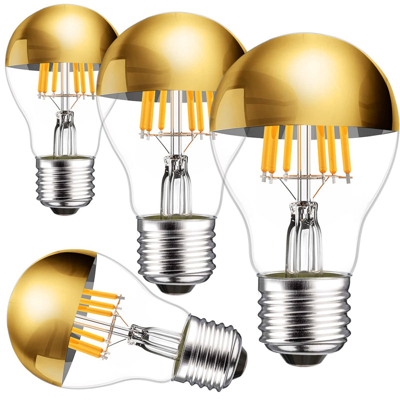 Half Chrome Light Bulb Gold Tipped LED Bulb Dimmable 6W 2700K Warm White | 60W Equivalent, A19 A Shape Decorative Half Gold Filament LED Edison Bulb E26 Base Pack of 4 Gold 2700k Soft White