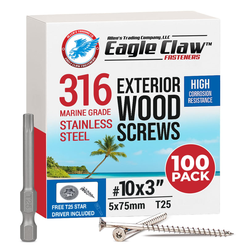 Allen's Trading Co. #10 x 3 Inch 316 Stainless Steel Screws Marine Grade (100 Pack, T25 Star) | Stainless Steel Wood Screws w/Driver Bit | High Corrosion Resistance for Coastal Construction 100 10 x 3 Inch