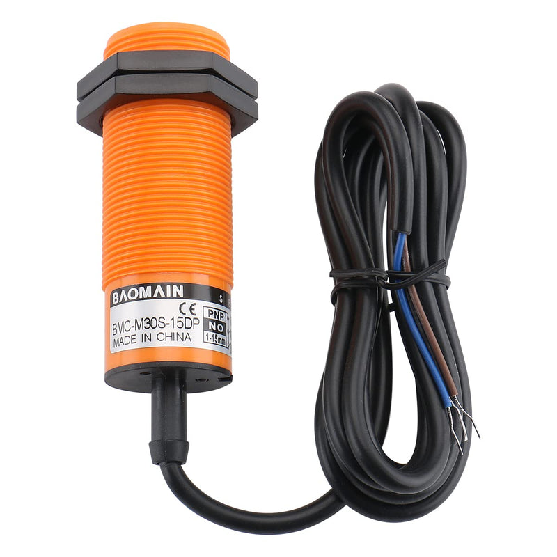 Baomain Capacitive Proximity Sensor, Cylindrical M30 Plastic, Sn 15 mm, 3-Wire PNP Output, VDC Input, NO Contacts, Cable 2 mm BMC-M30S-15DP