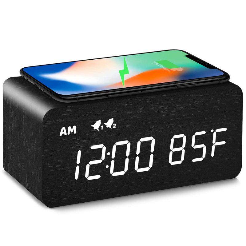 MOSITO Digital Wooden Alarm Clock with Wireless Charging, 0-100% Dimmer, Dual Alarm, Weekday/Weekend Mode, Snooze, Wood LED Clocks for Bedroom, Bedside, Desk, Kids (Black) Black