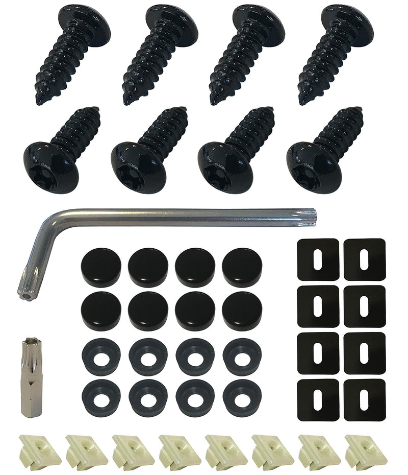 Anti-Theft License Plate Screws Fastener Kit - Rustproof Black Screws, Nylon Screw Inserts, Black Screw Covers, and Anti-Rattle Foam Pads for Fastening License Plates (Black Stainless Steel) 8-Black