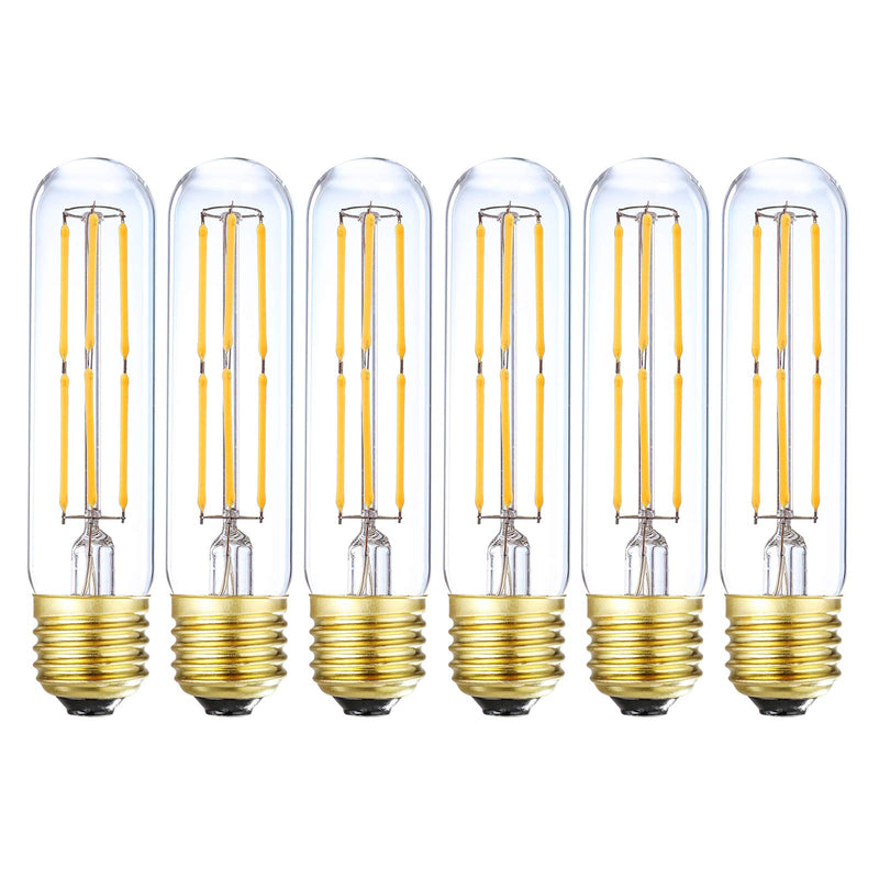 Dimmable T10 Edison Led Tubular Bulb 3000K Soft White E26 Vintage Led Filament Tube Bulb 60 Watt Equivalent 600lm E26 Base Lamp Bulb 6W for Display Cabinet Showcase Piano. (6-Pack.) 6w=60w Soft White 3000k 6p