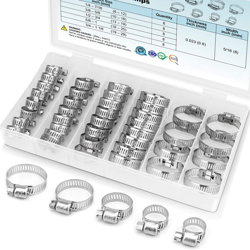 TICONN 40PCS Hose Clamp Set - 1/4''–1-1/8'' 304 Stainless Steel Worm Gear Hose Clamps for Pipe, Intercooler, Plumbing, Tube and Fuel Line 40 Pcs Kit