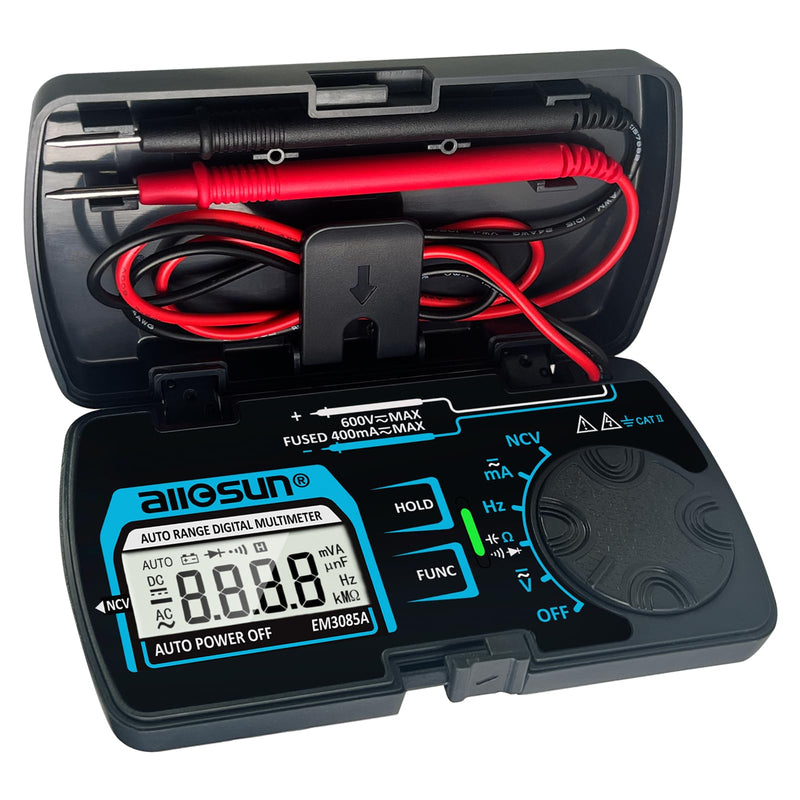 ALLOSUN Digital Multimeter Pocket Size DC AC Voltage Current Tester NCV Ohm Capacitance Frequency Diode and Continuity Test Auto Range (EM3085A (Upgraded)) EM3085