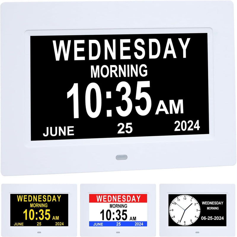 7 Inch Extra Large Day Date Time Digital Day Calendar Clocks with Auto-Dimming 12 Alarm Reminders Dementia Clock for Senior Elderly impaired Vision Memory Loss 7.1 inch white