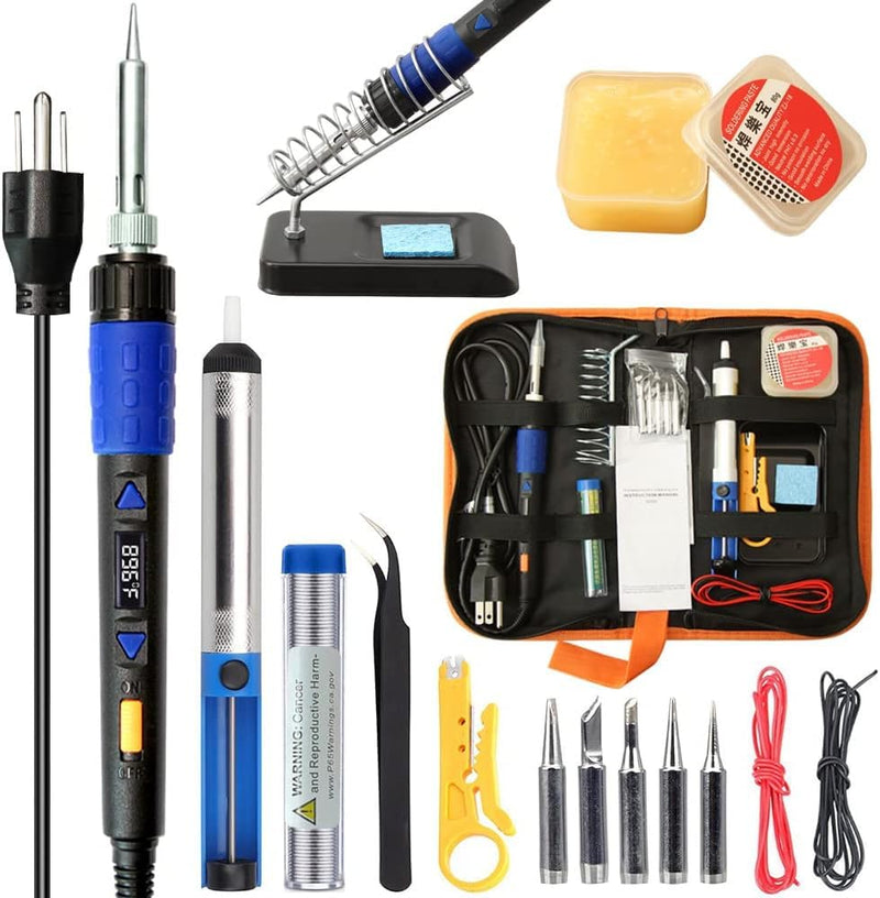 110W Electronics Soldering Iron Kit - LCD Digital Soldering Iron Adjustable Temperature, Wire & Cutter, Stand, Soldering Iron Tip Set, Desoldering Pump, Solder, Tweezers, Soldering Flux Paste Blue