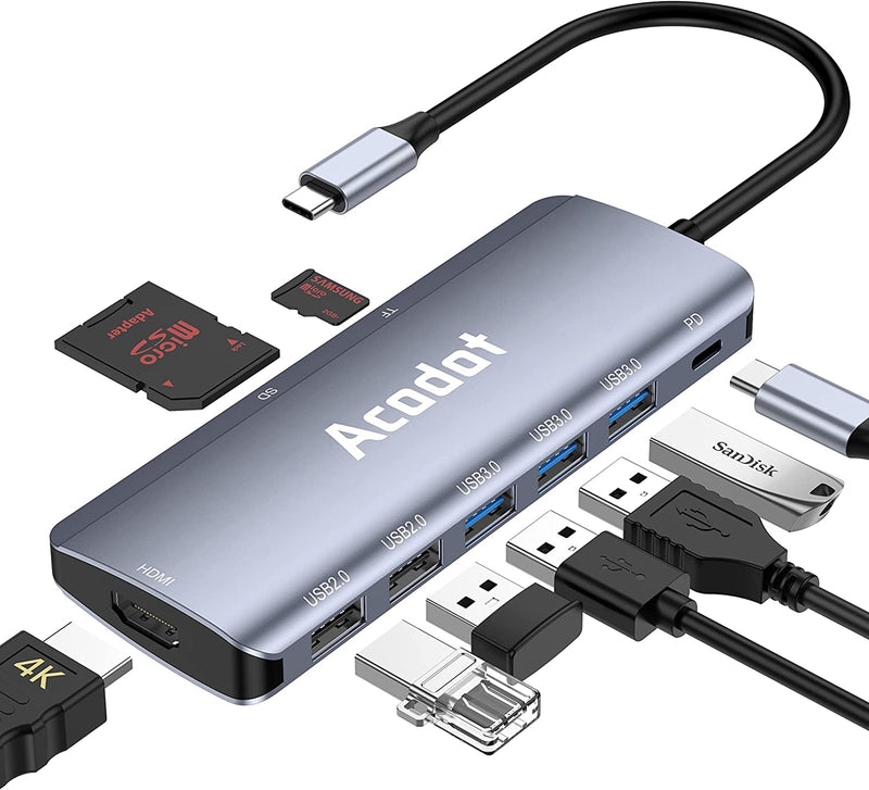 USB C Hub, Acodot 9 in 1 Type C Hub Adapter Portable Docking Station Aluminum Dongle Compatible with MacBook Pro/Thunderbolt 3 Laptops of Type C Devices, with 4K HDMI/ 5 USB Ports/ 100W PD/SD/TF 4K30HZ