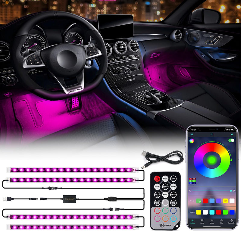 Xprite RGB LED Car Interior Bluetooth USB Light Strip, w/Wireless Remote and APP Control,4 PCS Under Dash Footwell Ambient Lights Kits, DIY Music Mode Universal for Vehicle Internal, SUV, Trucks G7 RGB +USB cable