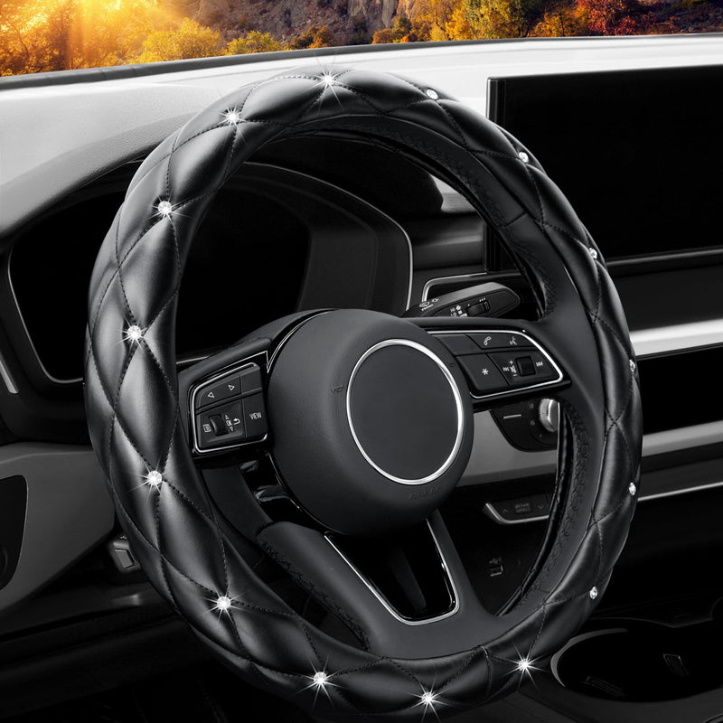 YOGURTCK Diamond Soft Leather Anti-Slip Steering Wheel Cover with Bling Bling Crystal Rhinestones, Universal 15 Inch for Women Girls, Fit Vehicles, Sedans, SUVs, Vans, Trucks - Black A-Black