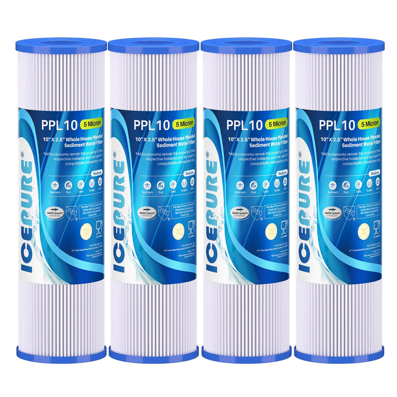 10" x 2.5" Pleated Sediment Water Filter Cartridge Replacement Any 10 inch RO Unit, Compatible with R50, Dupont WFPFC3002, Whirlpool WHKF-WHPL, GE FXWPC, Hydronix SPC-25-1050, FM-50-975 4PACK
