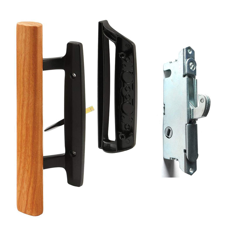 HauSun Sliding Glass Patio Door Handle Set Oak Wood Interior Handle and Exterior Pull in White Diecast Finish+Mortise Lock 45° Keyway Fits 3-15/16” Screw Hole Spacing, Non-keyed with Latch Locks Black