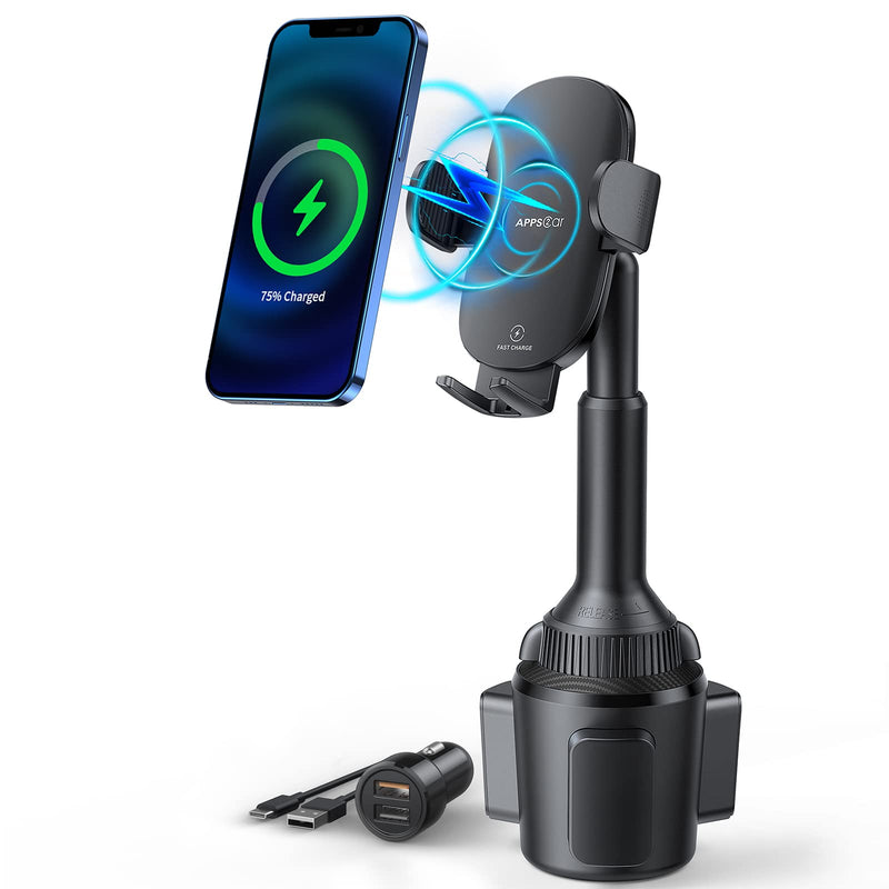 APPS2Car 15W Qi Fast Wireless Car Charger Solid Cup Holder Phone Mount | Quick Extension Adjustable Long Arm & 360° Rotation, Fits 3"–4" Round Cup Holders, Works with Cases ≤ 4 mm