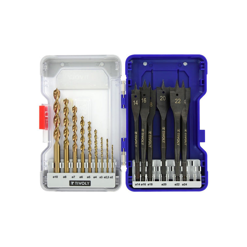 TIVOLY - Drills + Wood Bit Set - for Hardwood Drilling - 15 Piece Kit : 9 HSS SpeedPoint Drills Ø 5/64" to 25/64" + 6 Flat Bits Ø 9/16" to 15/15"