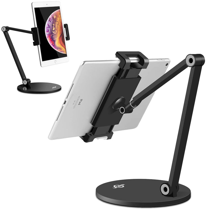 KABCON Tablet Stand,Tightness Adjustable 360°Rotatable Multi-Angle Eye-Level Aluminum Solid Long Arm Tablets Stands for iPad Series,Microsoft Surface Tablet Series,Samsung Galaxy Tabs,Kindle Fire,etc Black