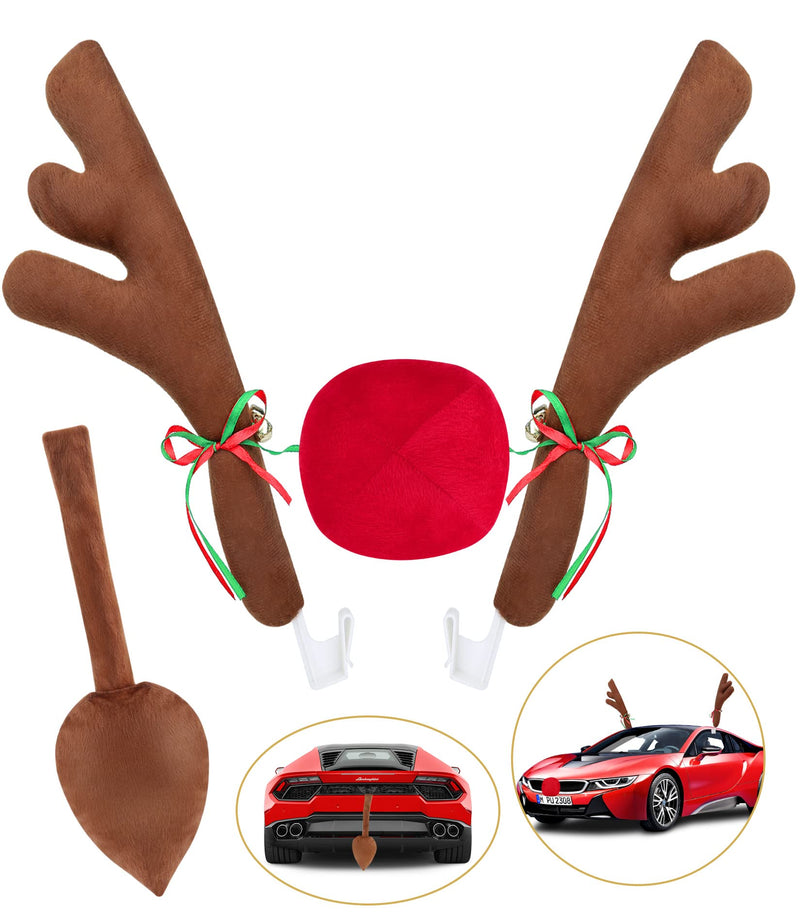 Upgraded Car Reindeer Antler Kit Christmas Rudolph Auto Decorations, Rudolph Auto Accessories with Tail, Nose - Add Holiday Spirit 15.5 inch